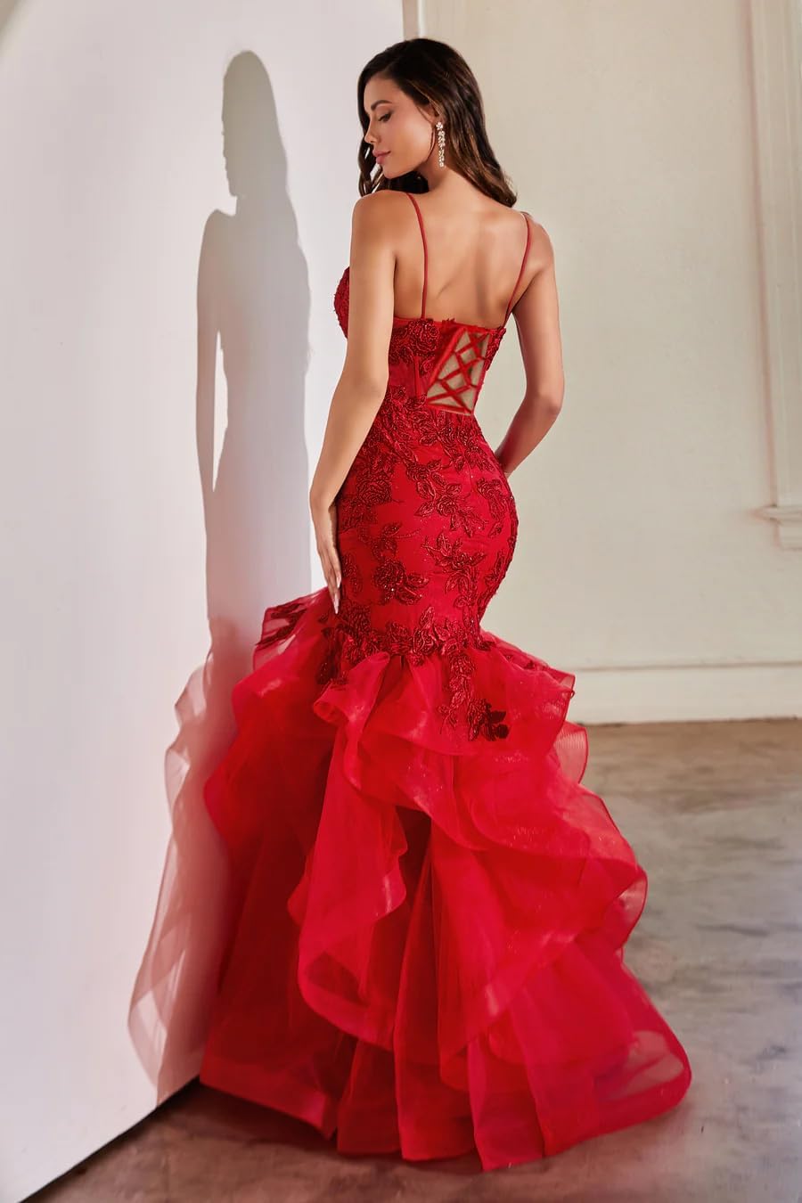 Vestido de fiesta largo de sirena con volantes brillantes, apliques de encaje y tul para mujer. 