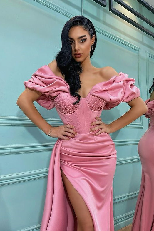 Split Front Rose Petal Pink Mermaid Prom Dress with Off-The-Shoulder
