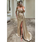 Robe de bal longue en satin sexy et chaude à épaules dénudées avec plis illusion et fente 