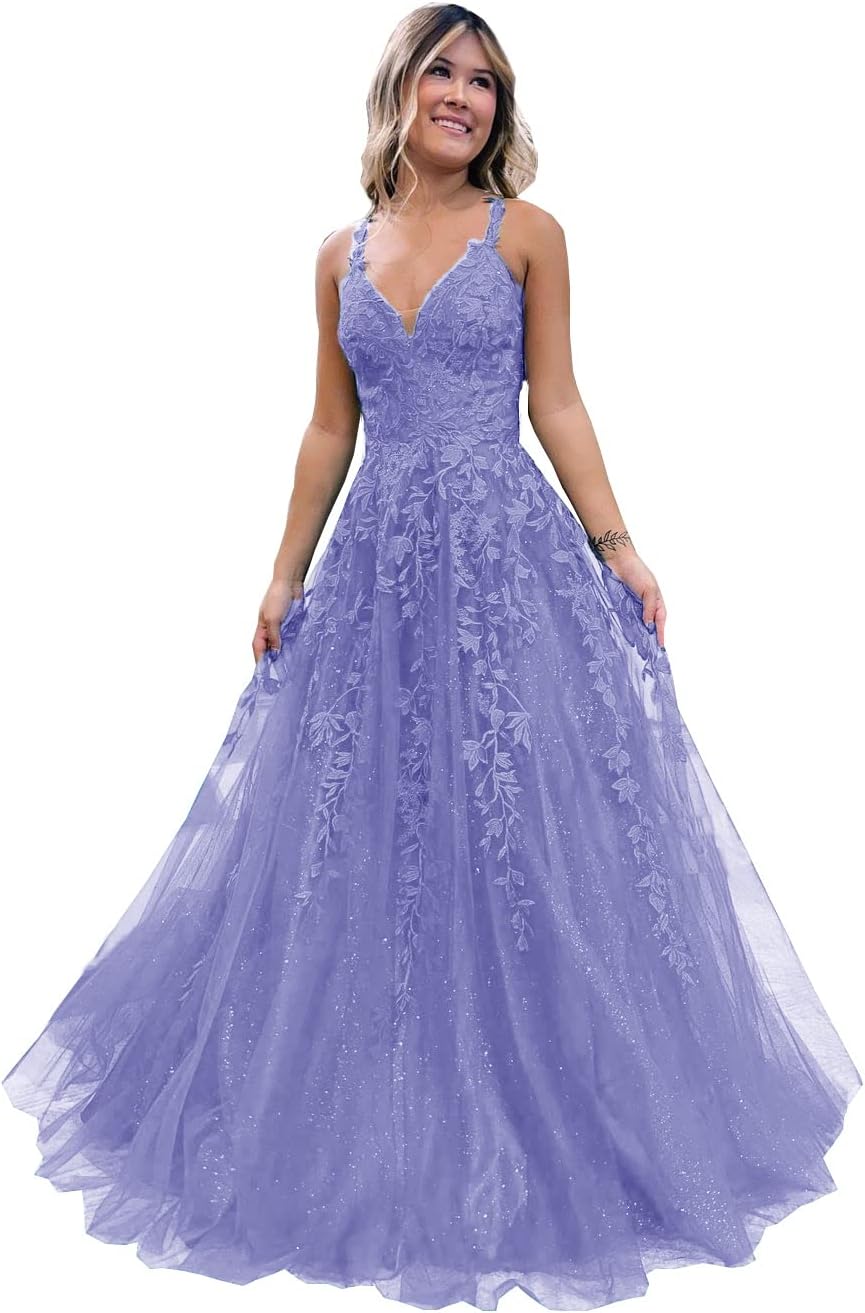 Robe de bal longue en tulle pailleté et dentelle florale, col V, robe de soirée maxi 
