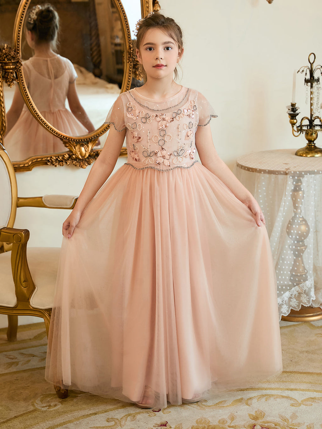 Vestido rosa de niña de las flores, corte en A, de gasa y largo hasta el suelo 