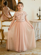 Vestido rosa de niña de las flores, corte en A, de gasa y largo hasta el suelo 