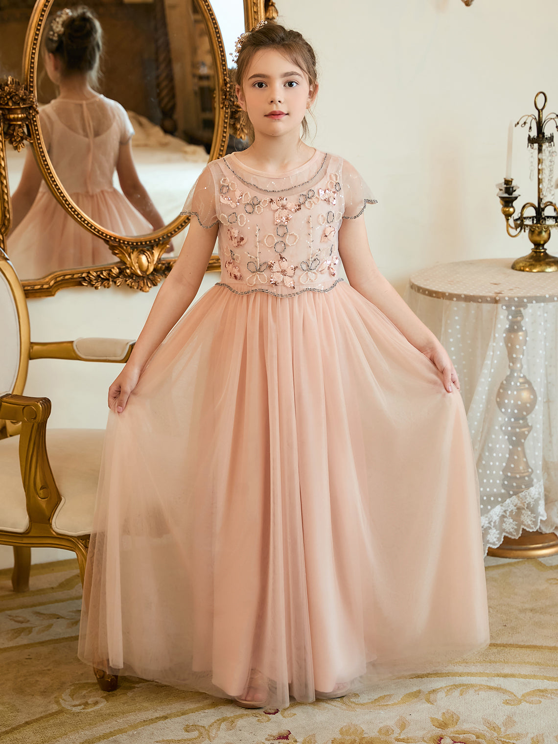 Vestido rosa de niña de las flores, corte en A, de gasa y largo hasta el suelo 