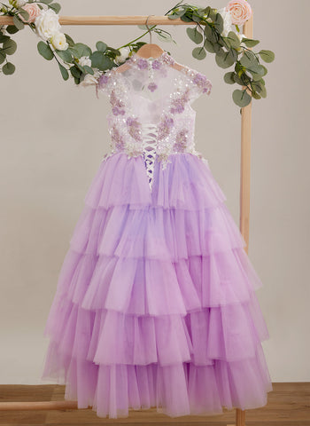 Vestido de princesa de tul lila con apliques florales y pedrería para niñas 