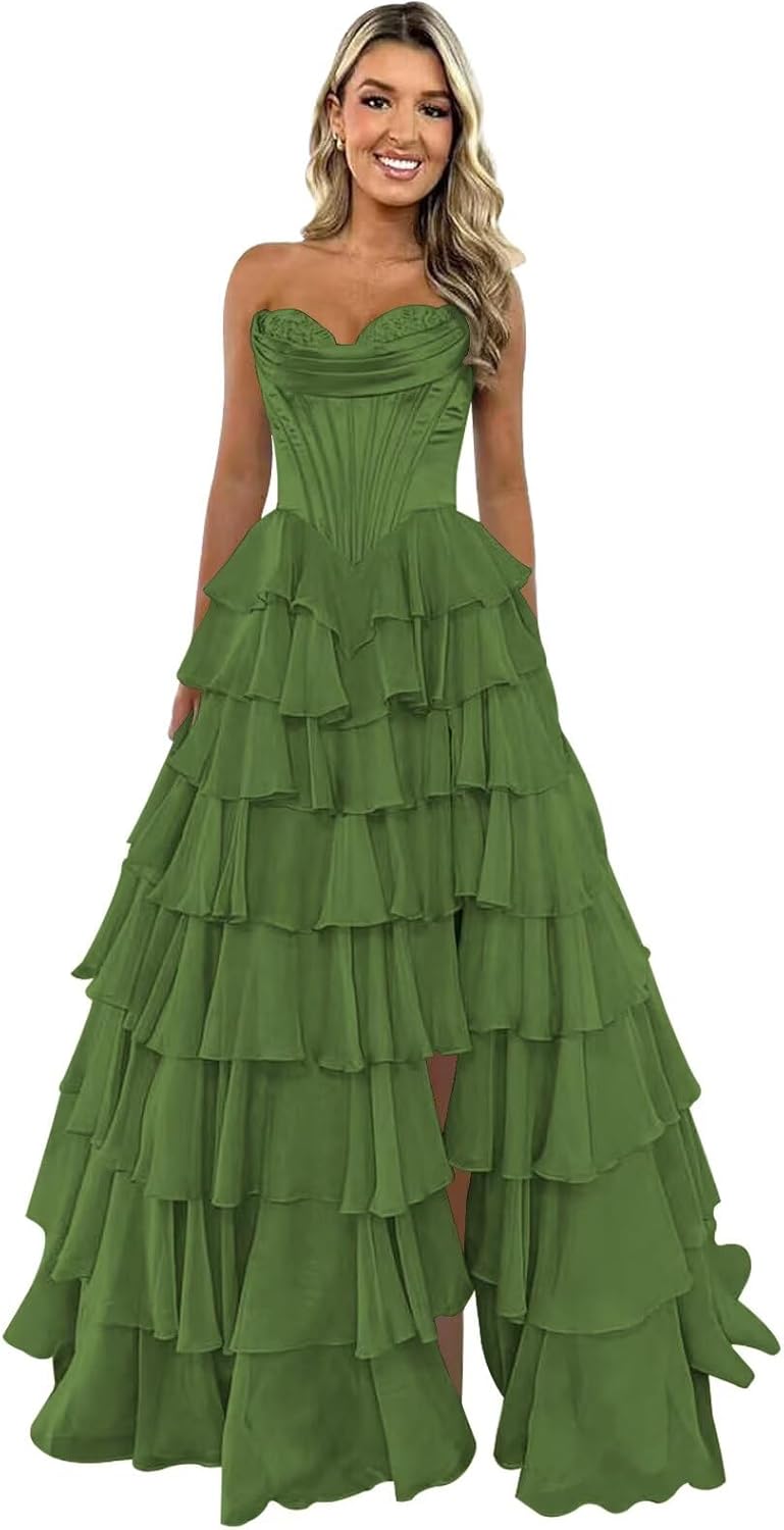 Robe de bal bustier sans bretelles pour femme 2025, longue robe de soirée formelle en mousseline à volants étagés avec fente 