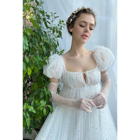 Robe de bal longue trapèze en tulle à col carré et manches courtes bouffantes