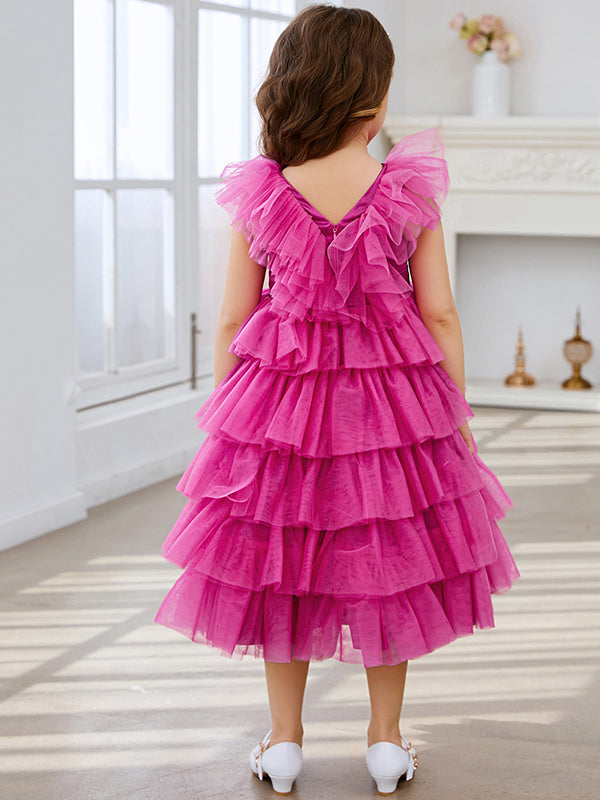 Vestido de princesa rosa estilo princesa, sin mangas, de tul y con volantes para niña de las flores 