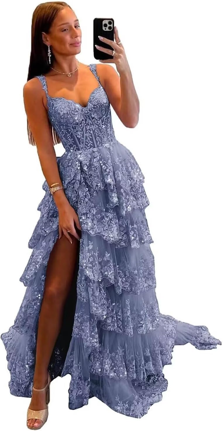 Robe de bal longue en tulle et dentelle à volants scintillants, collection 2025, bretelles spaghetti, corset et fente. 