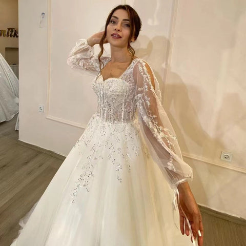 White Wedding Dresses Sweetheart Shiny Appliques Grace Bridal Gowns 2023 Puff Sleeve Tulle A-Line Princess Robe De Marié