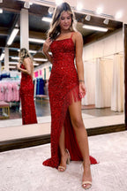 Sheath Spaghetti Straps Lilac Sequins Long Prom Dress with Tassel