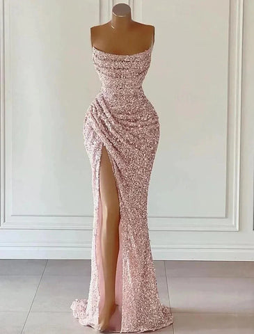 Vestido elegante de gala largo hasta el suelo, sin mangas, sin tirantes, con lentejuelas y lentejuelas brillantes.