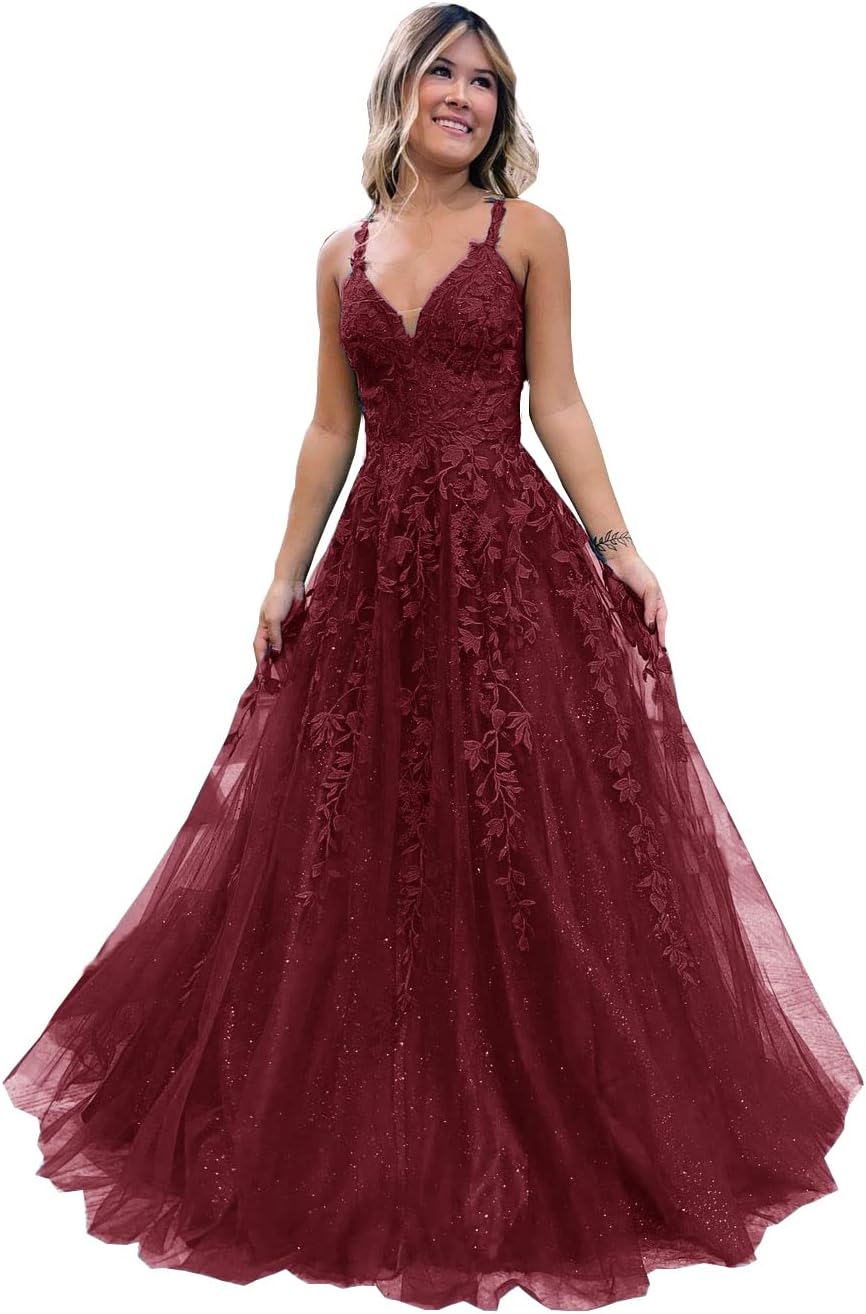 Robe de bal longue en tulle pailleté et dentelle florale, col V, robe de soirée maxi 