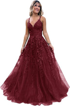 Robe de bal longue en tulle pailleté et dentelle florale, col V, robe de soirée maxi 