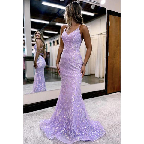 Robe de soirée violette scintillante à bretelles croisées et col en V, à paillettes