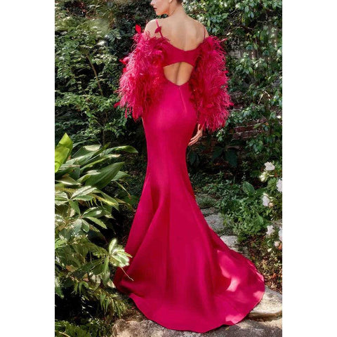 V-Neck Feather Long Sleeves Cut Outs Satin Mermaid Long Prom Evening Dress