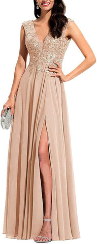 Vestido de dama de honor con apliques de gasa, escote largo en V, cuentas y abertura. 