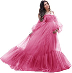 Vestido de maternidad con mangas abullonadas, bata de tul para sesión de fotos, vestido de embarazo con hombros descubiertos para baby shower 