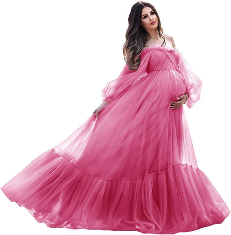 Puffy Sleeve Maternity Dress Tulle Robe for Photoshoot Off Shoulder Pregnancy Baby Shower Gown