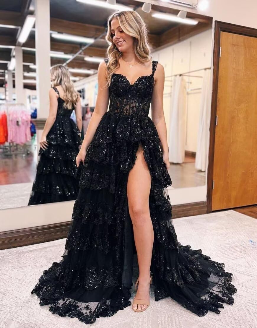 Robe de bal longue en tulle et dentelle à volants scintillants, collection 2025, bretelles spaghetti, corset et fente. 