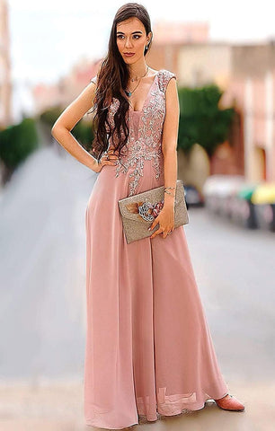 Vestido de dama de honor con apliques de gasa, escote largo en V, cuentas y abertura. 