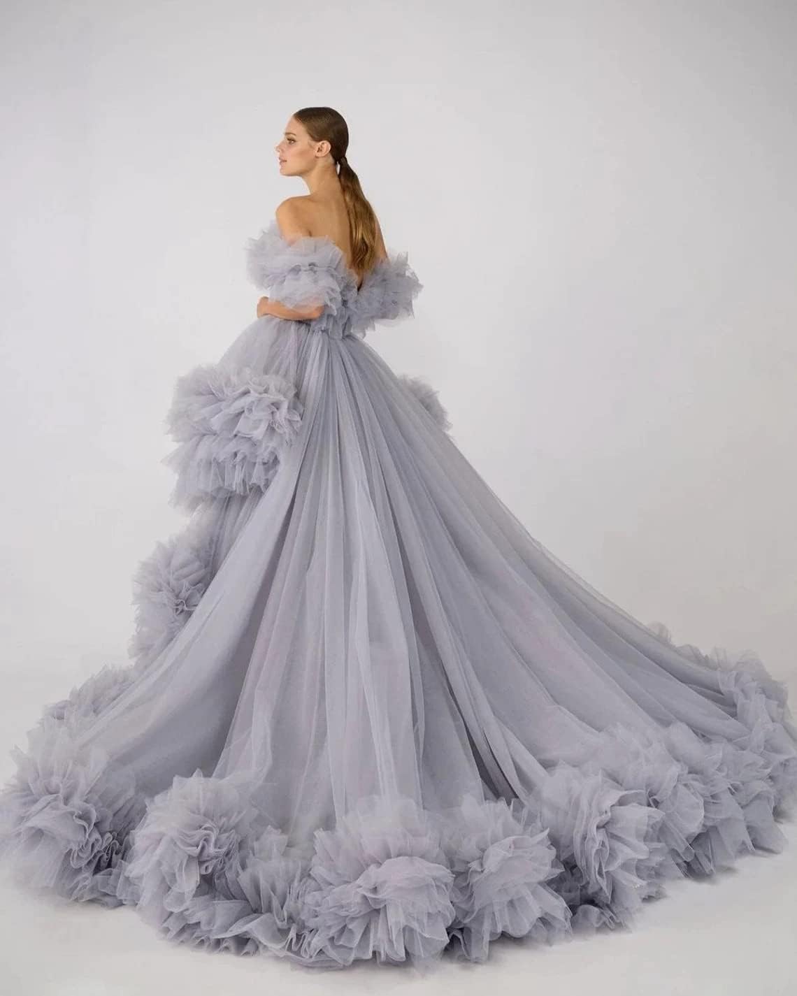 Bata de tul con volantes para sesión de fotos de maternidad, bata de maternidad transparente con hombros descubiertos, vestido para baby shower, vestido de graduación. 