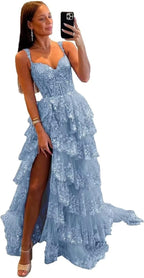 Robe de bal longue en tulle et dentelle à volants scintillants, collection 2025, bretelles spaghetti, corset et fente. 