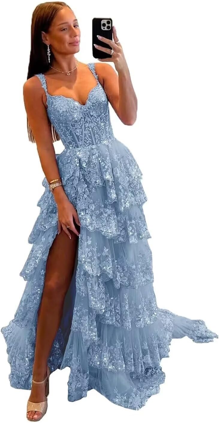 Robe de bal longue en tulle et dentelle à volants scintillants, collection 2025, bretelles spaghetti, corset et fente. 