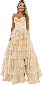 Robe de bal bustier sans bretelles pour femme 2025, longue robe de soirée formelle en mousseline à volants étagés avec fente 