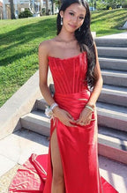 Vestido largo de fiesta de sirena con encaje satinado para mujer, corte sirena, con abertura, sin tirantes, estilo 2025. 