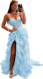Robe de bal longue en tulle et dentelle à volants scintillants, collection 2025, bretelles spaghetti, corset et fente. 