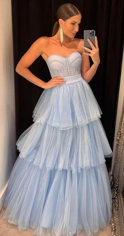 A-line Tiered Ruffled Long Tulle Prom Dress