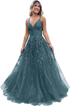 Robe de bal longue en tulle pailleté et dentelle florale, col V, robe de soirée maxi 