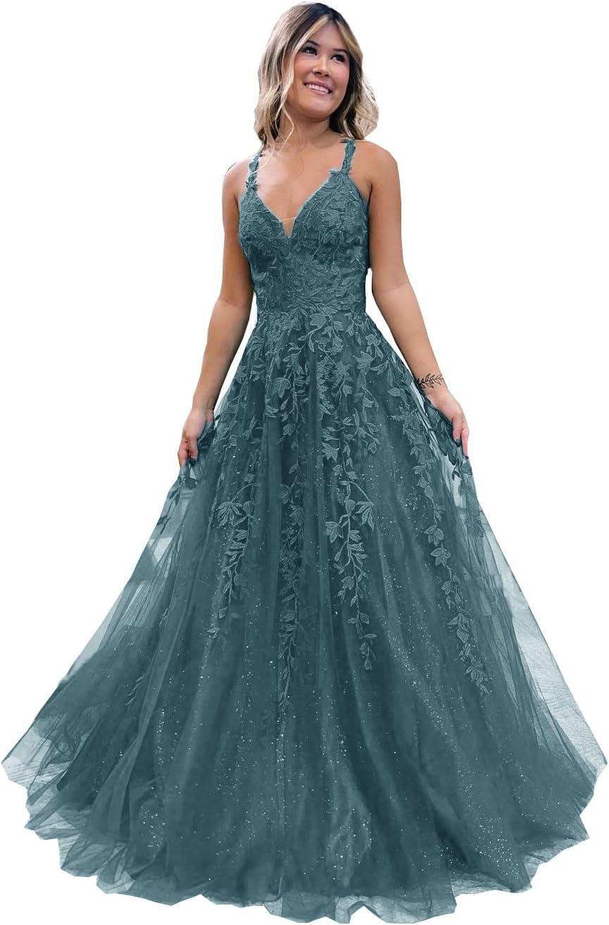 Robe de bal longue en tulle pailleté et dentelle florale, col V, robe de soirée maxi 