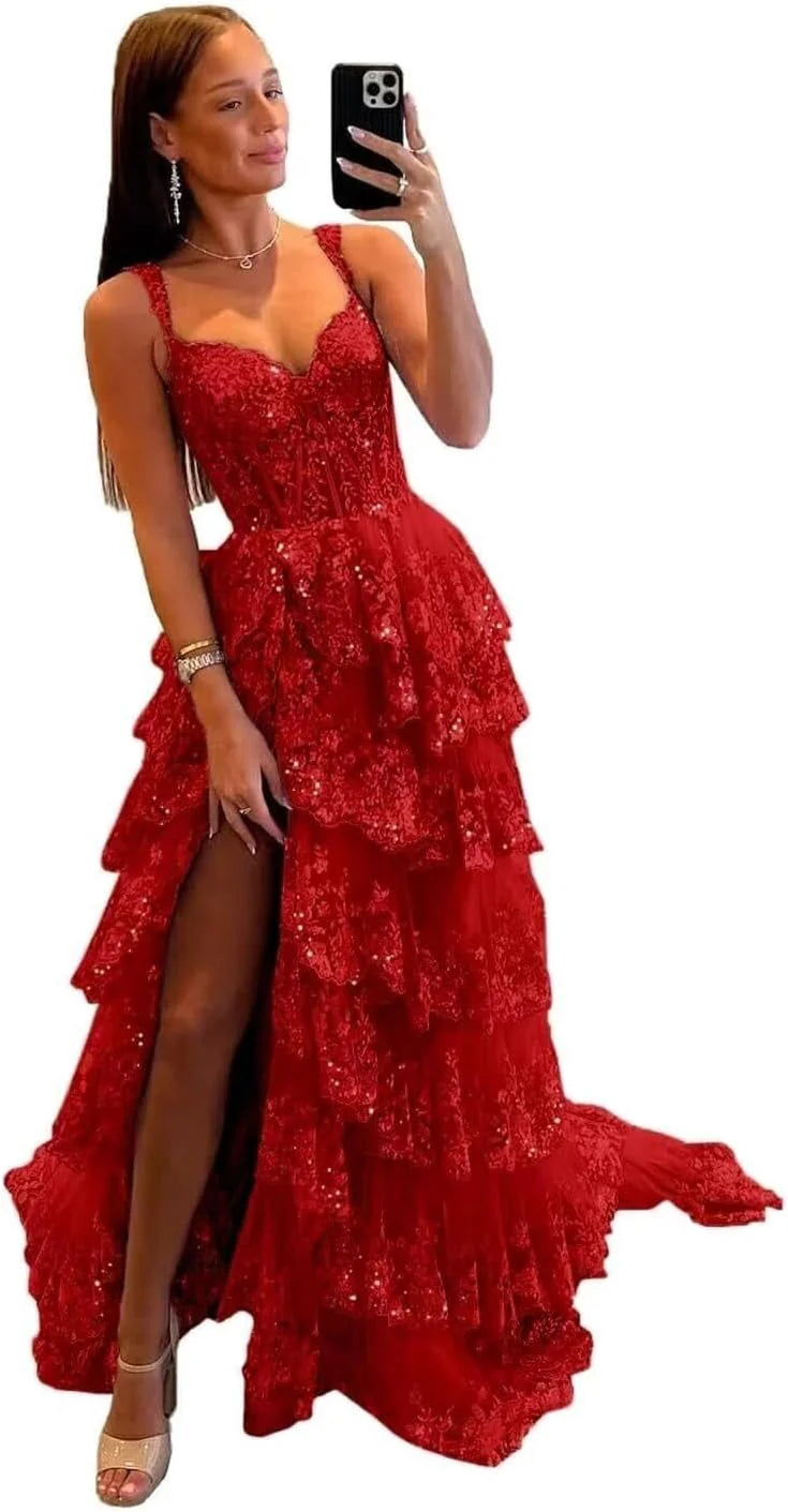 Robe de bal longue en tulle et dentelle à volants scintillants, collection 2025, bretelles spaghetti, corset et fente. 