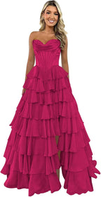 Robe de bal bustier sans bretelles pour femme 2025, longue robe de soirée formelle en mousseline à volants étagés avec fente 