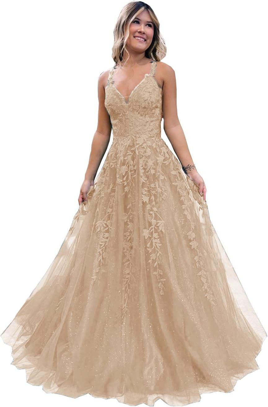 Robe de bal longue en tulle pailleté et dentelle florale, col V, robe de soirée maxi 
