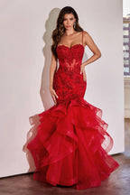 Vestido de fiesta largo de sirena con volantes brillantes, apliques de encaje y tul para mujer. 