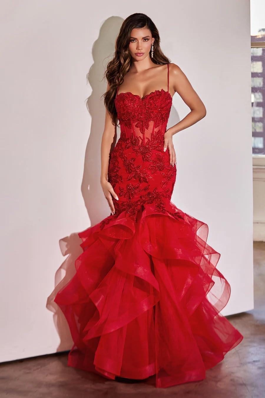 Vestido de fiesta largo de sirena con volantes brillantes, apliques de encaje y tul para mujer. 