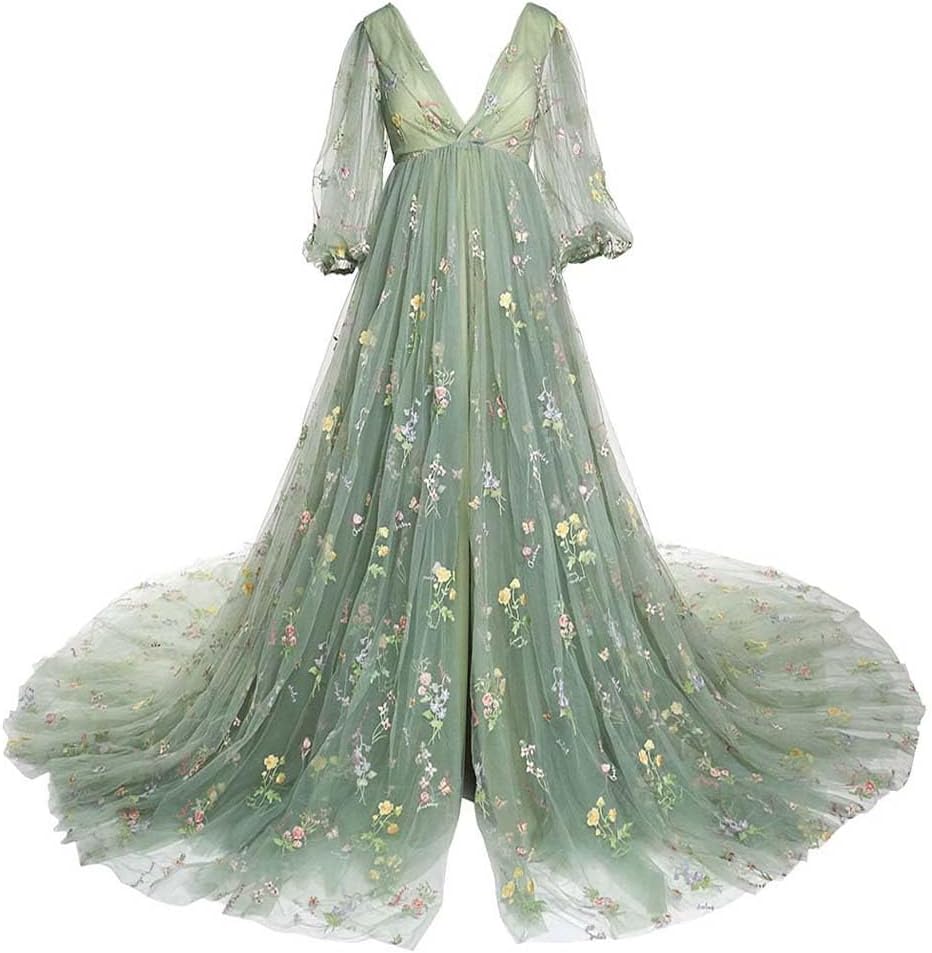 Robe de maternité en tulle brodé, idéale pour une séance photo, une robe de bal fendue ou une baby shower. 