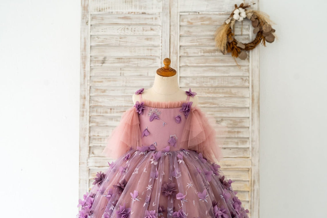 Vestido de gala/de princesa con tul y flores en 3D hasta el suelo 