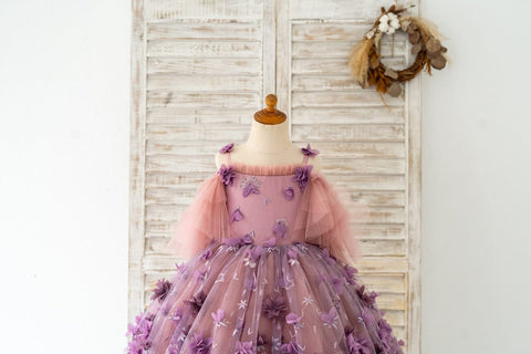 Vestido de gala/de princesa con tul y flores en 3D hasta el suelo 