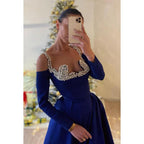 Vestido de fiesta de noche con corte A, mangas largas, tirantes con pedrería, glamuroso y dramático