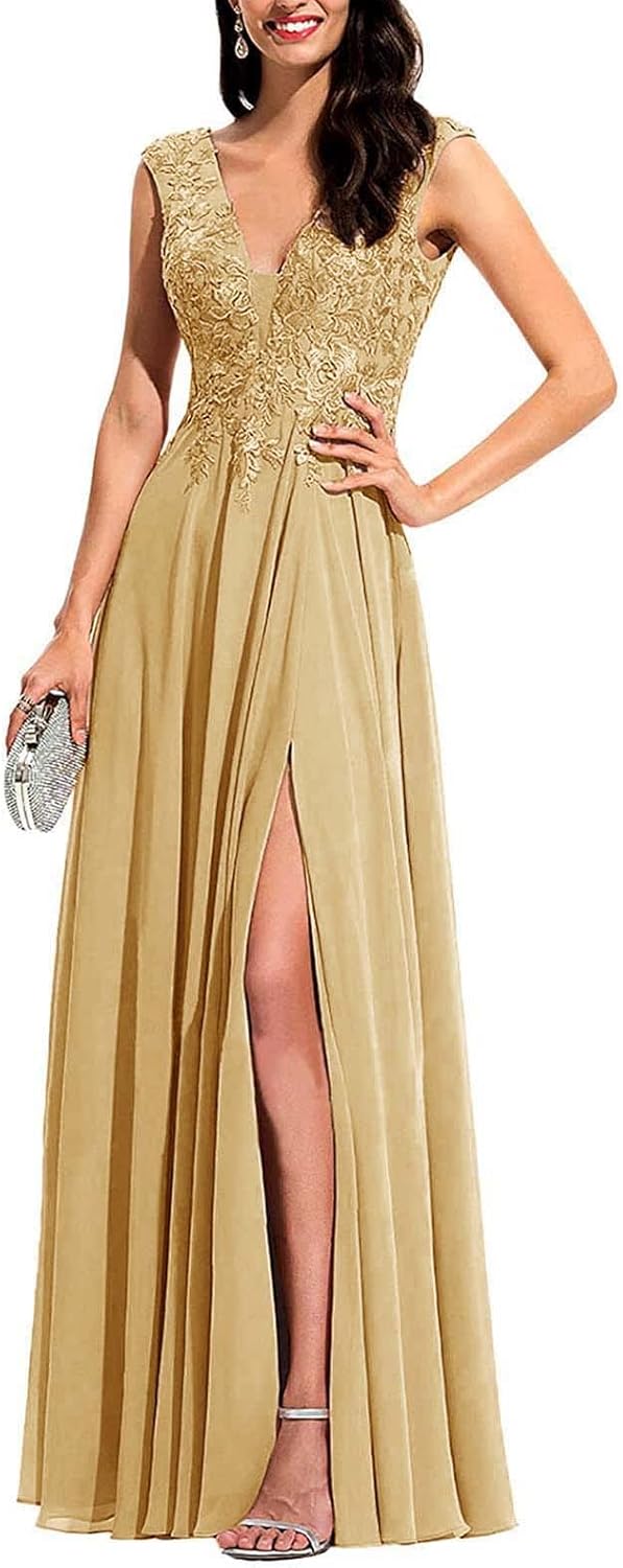 Chiffon Appliques Bridesmaid Dress Long V Neck Beaded Wedding Guest Gown with Split