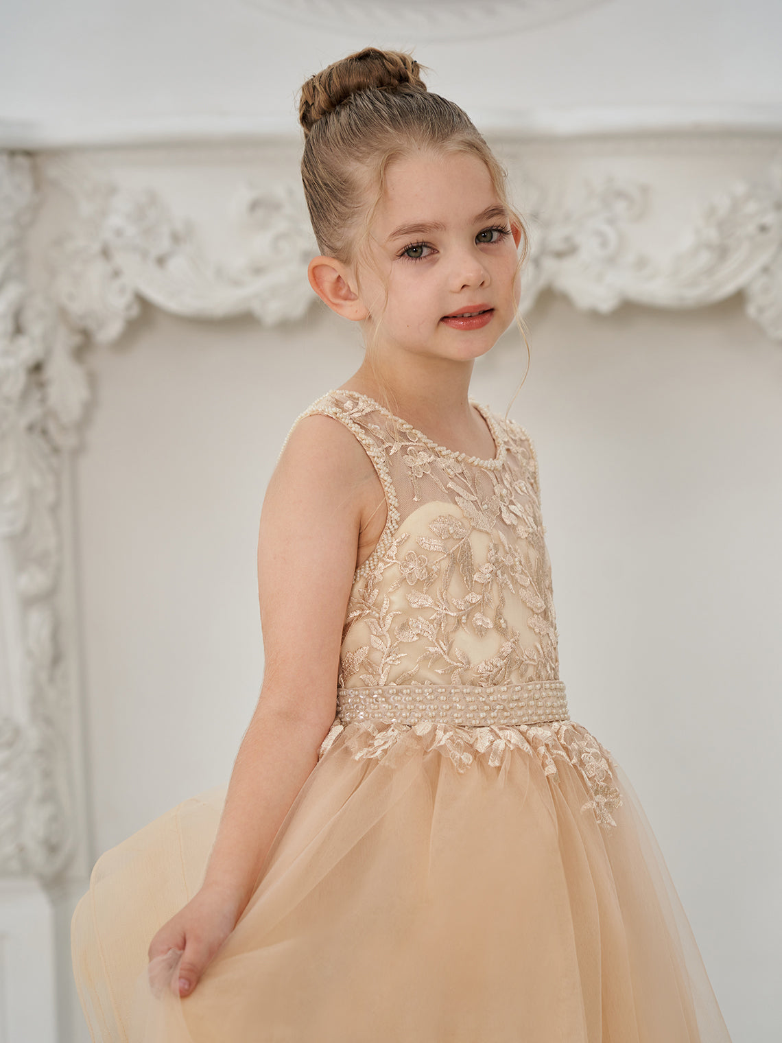 Vestido de princesa/vestido de princesa con cola de tul y vestido de niña de las flores color champán 