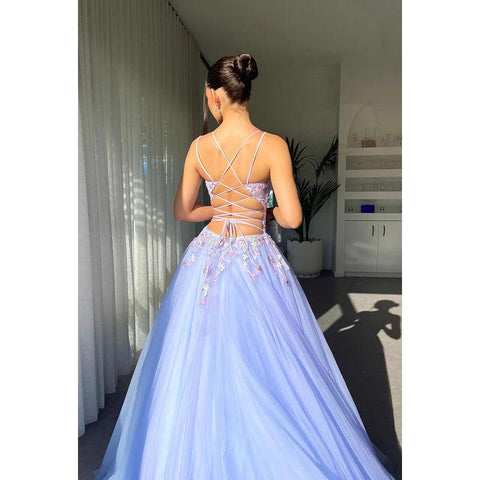 V-Neck Spaghetti Straps Appliqued A-Line Long Prom Gown