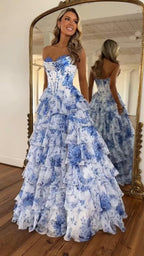 Robe de bal bustier sans bretelles pour femme 2025, longue robe de soirée formelle en mousseline à volants étagés avec fente 