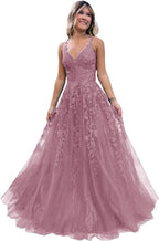 Robe de bal longue en tulle pailleté et dentelle florale, col V, robe de soirée maxi 