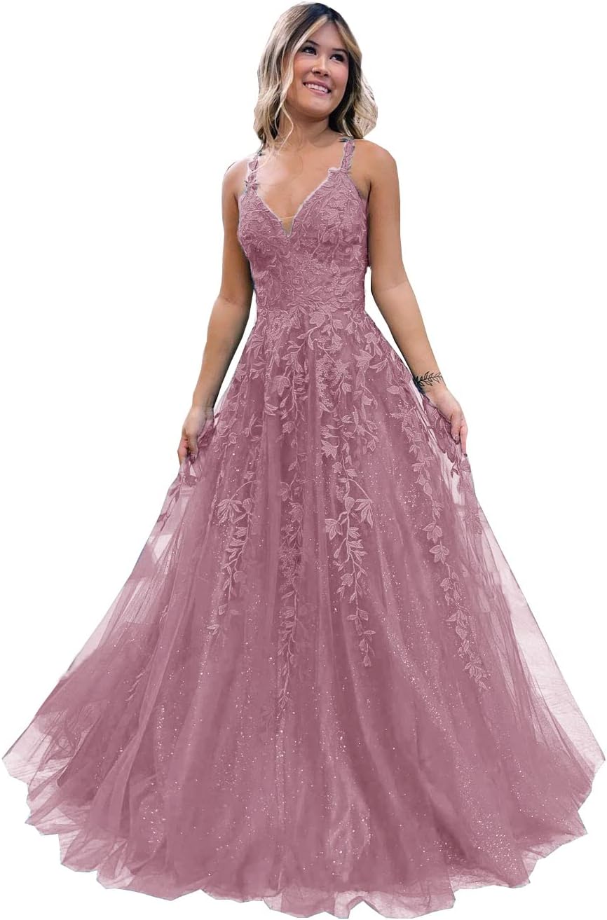 Robe de bal longue en tulle pailleté et dentelle florale, col V, robe de soirée maxi 