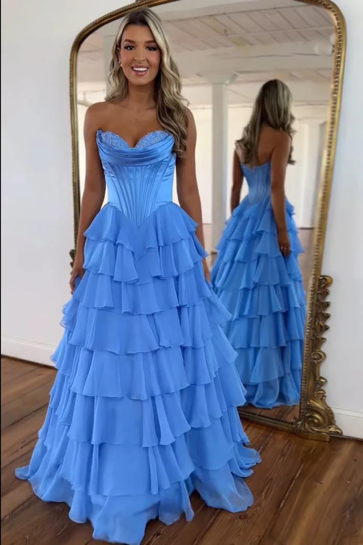 Robe de bal bustier sans bretelles pour femme 2025, longue robe de soirée formelle en mousseline à volants étagés avec fente 