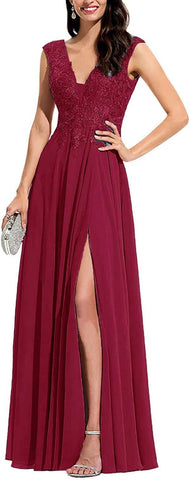 Vestido de dama de honor con apliques de gasa, escote largo en V, cuentas y abertura. 